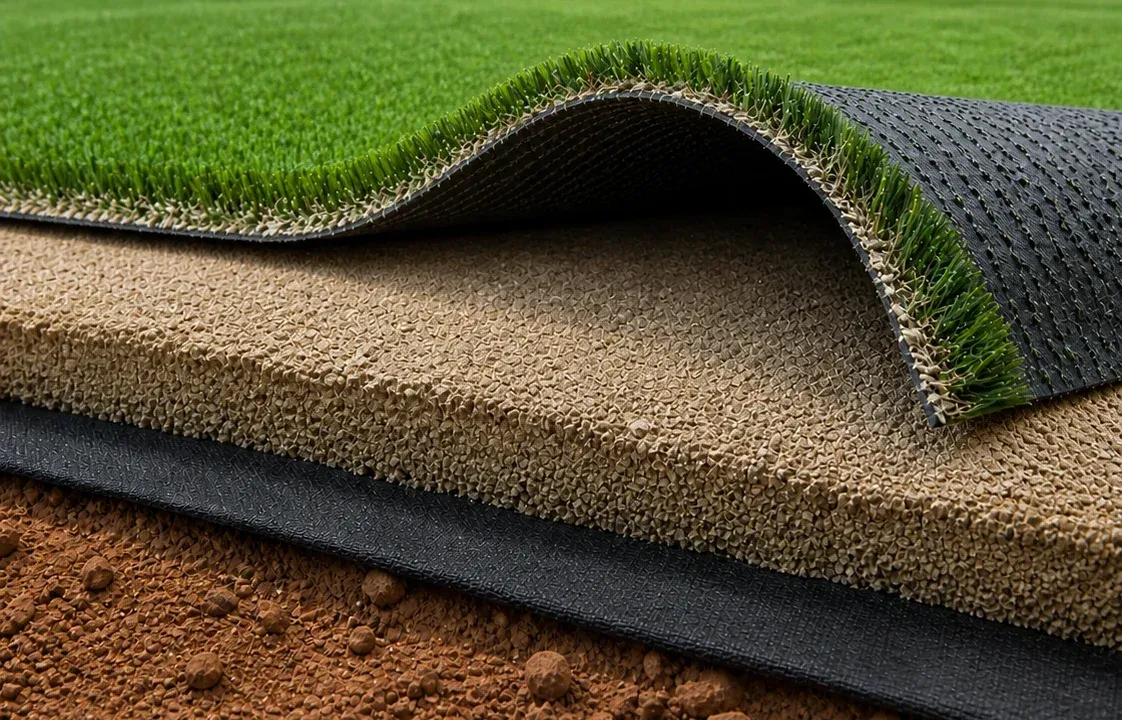 Turf cross-section: fibers and backing rolled open over the granite base, weed barrier, and compacted clay